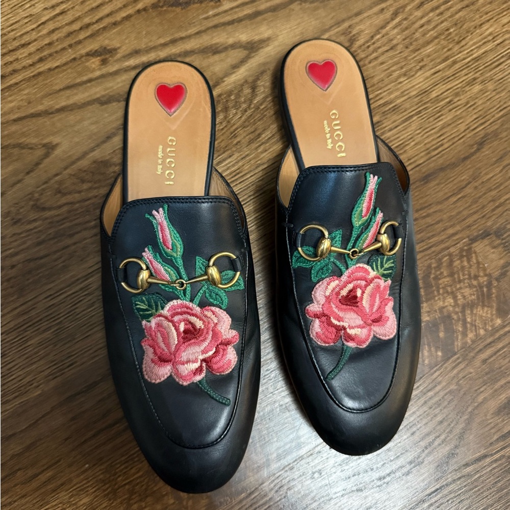 Gucci Women's Black Mules with Pink Floral Embroidery
